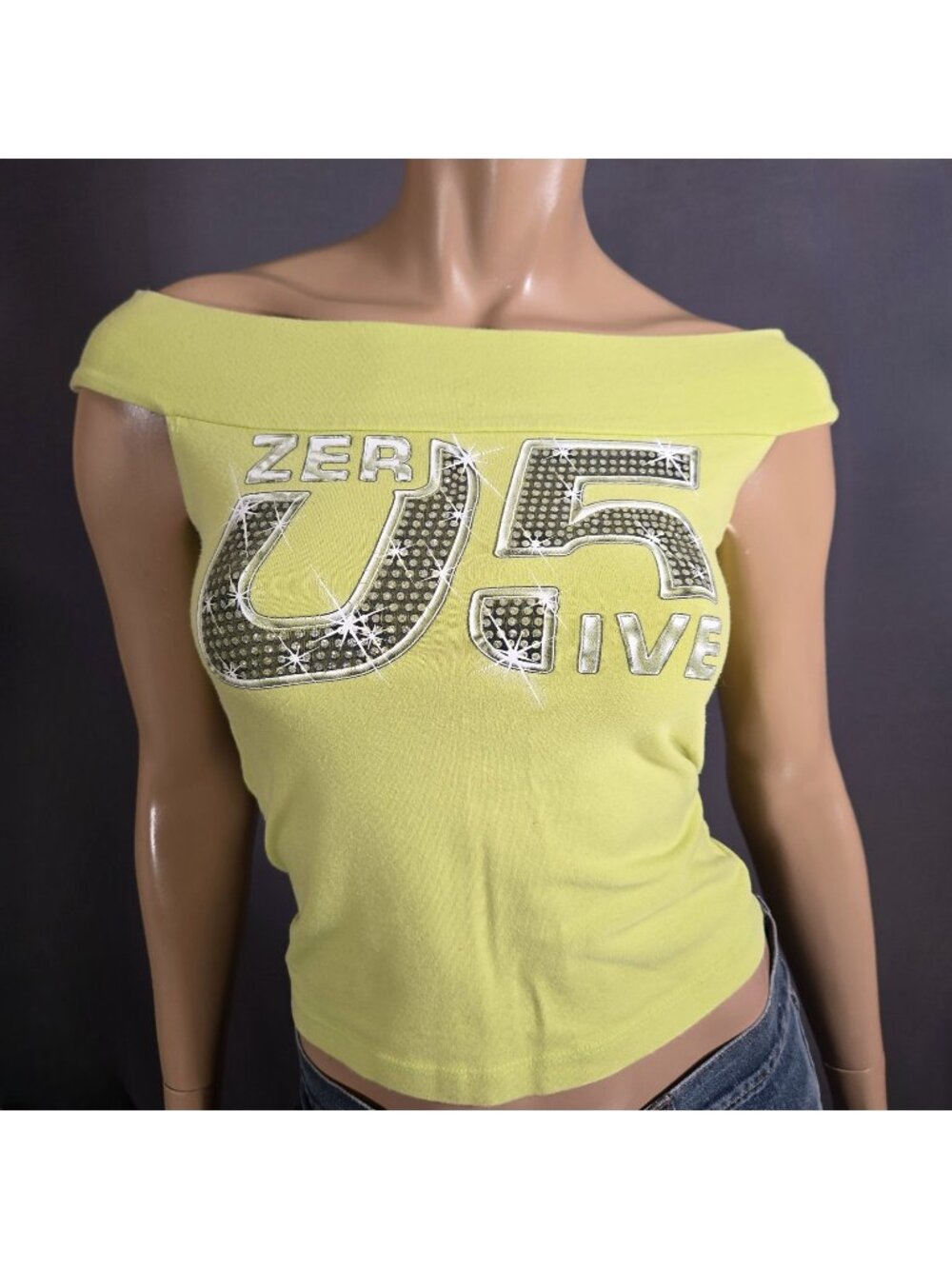 Y2K Off Shoulder Graphic Top Size M Lime Acid Green McBling Sporty Blokette